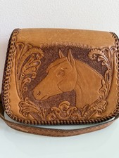 Vintage Tooled Leather Horse Crossbody Bag Hand Carved Western Boho Purse
