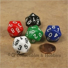 NEW Set of 5 D10 Twenty Sided 0 to 9 Twice - 5 Colors - D&D RPG Game Dice