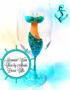 Nautical Mystical Mermaid Glasses Wine Vert Serving Beach House