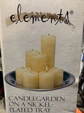 Elements Candle Garden Pillar Candles (7ivory) on 14" Brass Plated Charger huge
