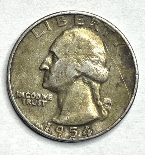 1954 D Washington Quarter, (VF) Very Fine, 90% Silver Toned Coin-Collectible -1