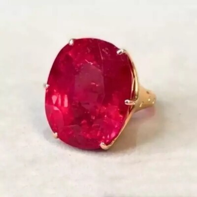 15ctw Created Oval Cut Ruby 14k Yellow Gold Plated Flush Set Shank Cocktail Ring