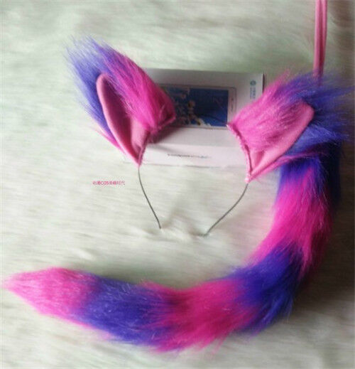 The Anime Cat Ears Plush Tail Pink & Purple Cat Cosplay Costume Fancy Dress
