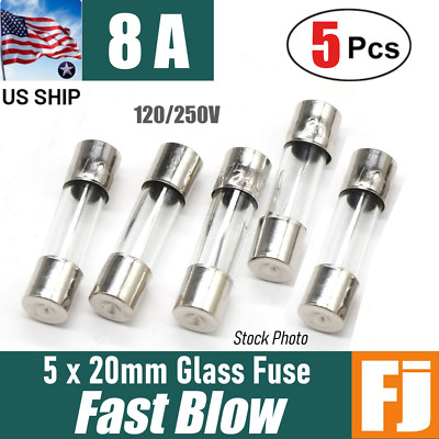 5 Pcs  Fast-Blow Fuse 8A 250V Glass Fuses 5 x 20 mm (8 Amp) | US Ship