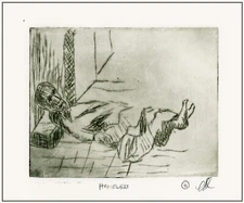 HOMELESS UNHOUSED MAN SLEEPING ON STREET Original Impressionist ETCHING Signed