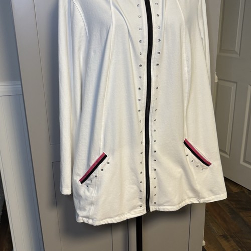 CJ Banks Long Sleeve Full Zip Knit Jersey Hoodie White w/ Pink Women's 2X Bling - Picture 3 of 12