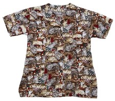 Pearl Healthwear Cat Print Scrub Top Medium Cotton Pearl Snap Made In USA