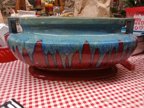 Vintage Large 17" Ceramic Blue, Green and Red Planter