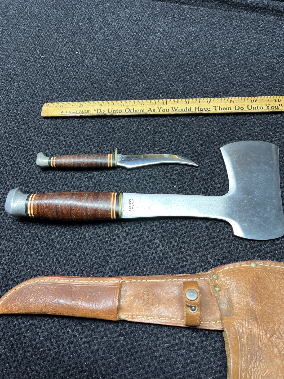 VINTAGE KABAR Knife Axe Set Original Tooled Leather Sheath Hatchet KABAR Rare eBay
