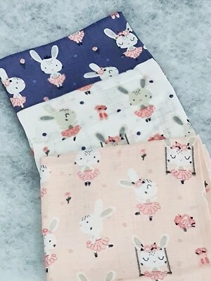 LOLALAND 3 pack muslin squares large 70x80cm baby nappies bibs cloth bunny ballerinas