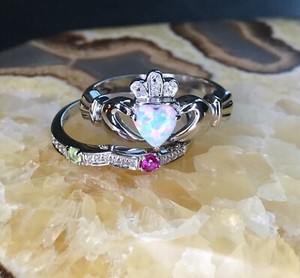 Authentic 2Ct Heart Cut Simulated Opal Claddagh Engagement Ring Set 14k White Gold Plated