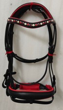 Designer Stone Crystal Browband With Red Padding Dressage Bridle in All Sizes.