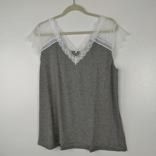 Womens Lace Trim Top Large Gray Cap Sleeve V-neck Athleisure Anyfit Wear