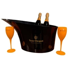 Veuve Clicquot Black Acrylic Magnum Champagne Bucket XL with 2 Orange Flutes New
