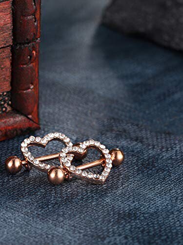 Pair of Rose Gold Heart Double Layer Rhinestone Sexy Piercing Nipple Bars Body - Picture 2 of 10