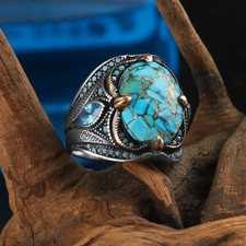 925 Sterling Silver Turquoise Stone Men Silver Ring with Aquamarine Side Stones