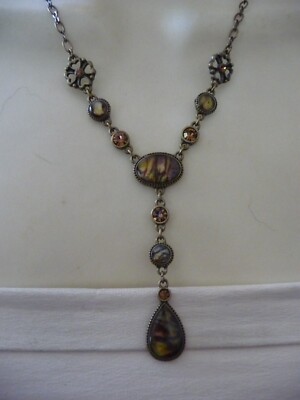NRT SIGNED REPRO ART DECO ABALONE DROP  On  GOLD TONE CHAIN   NECKLACE #3/8A