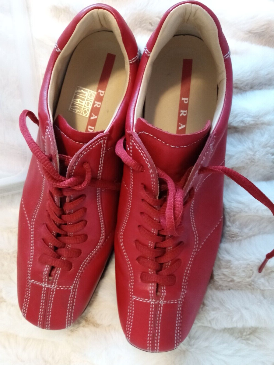 Prada Red Leather Lace Up Vintage Unisex Oxford/Sneaker