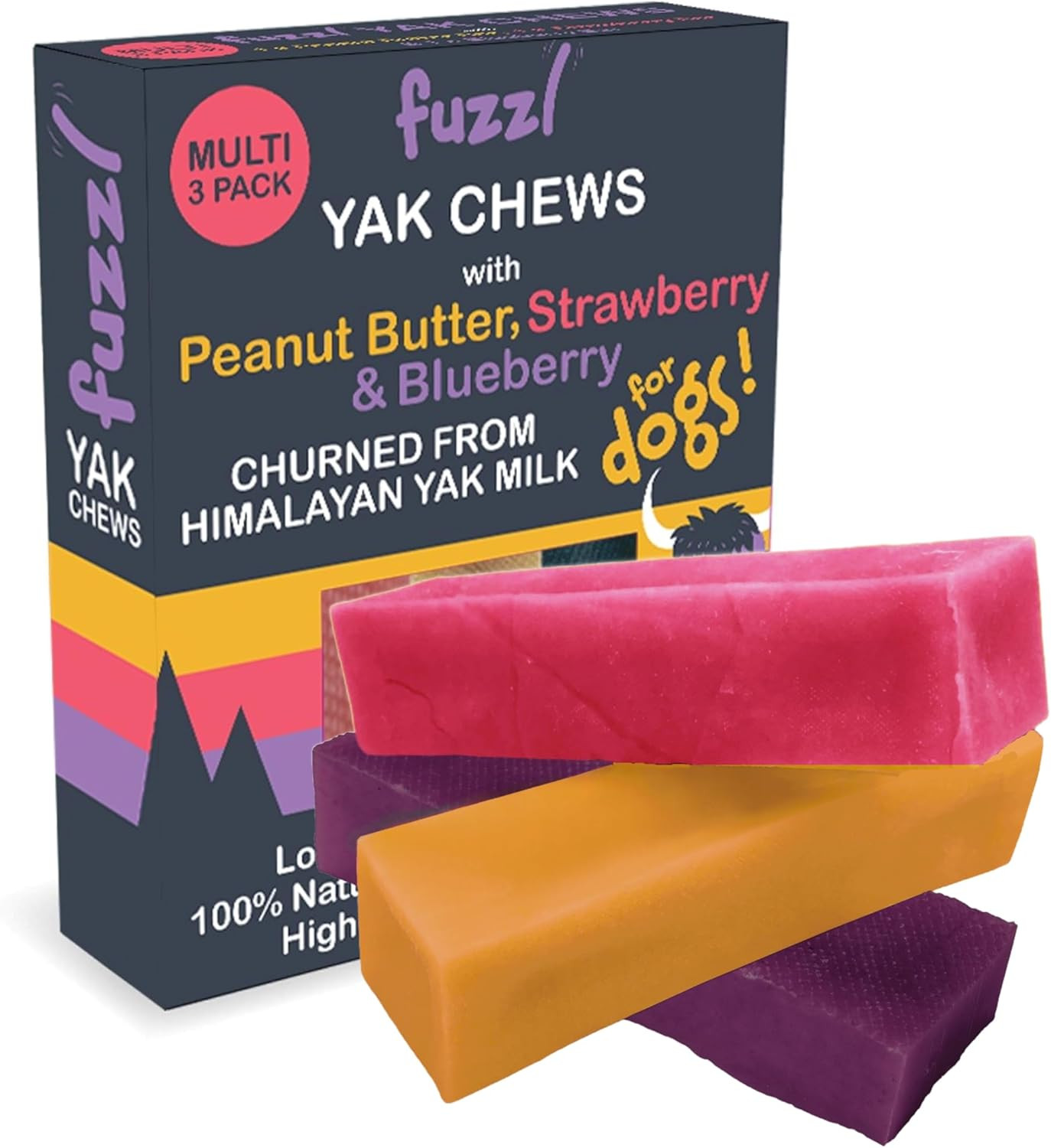 Himalayan Yak Chews for Dogs 3 Pack Peanut Butter, Strawberry & Blueberry Premiu