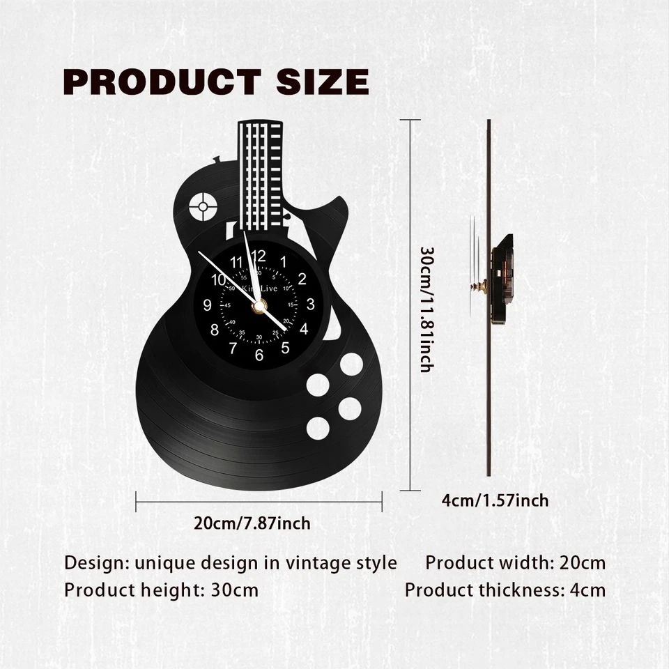 Guitarra Reloj de Pared Decoración del Hogar Arte Instrumento Musical Vinilo Reloj Regalo para Hombres Amantes Foto 2 de 4