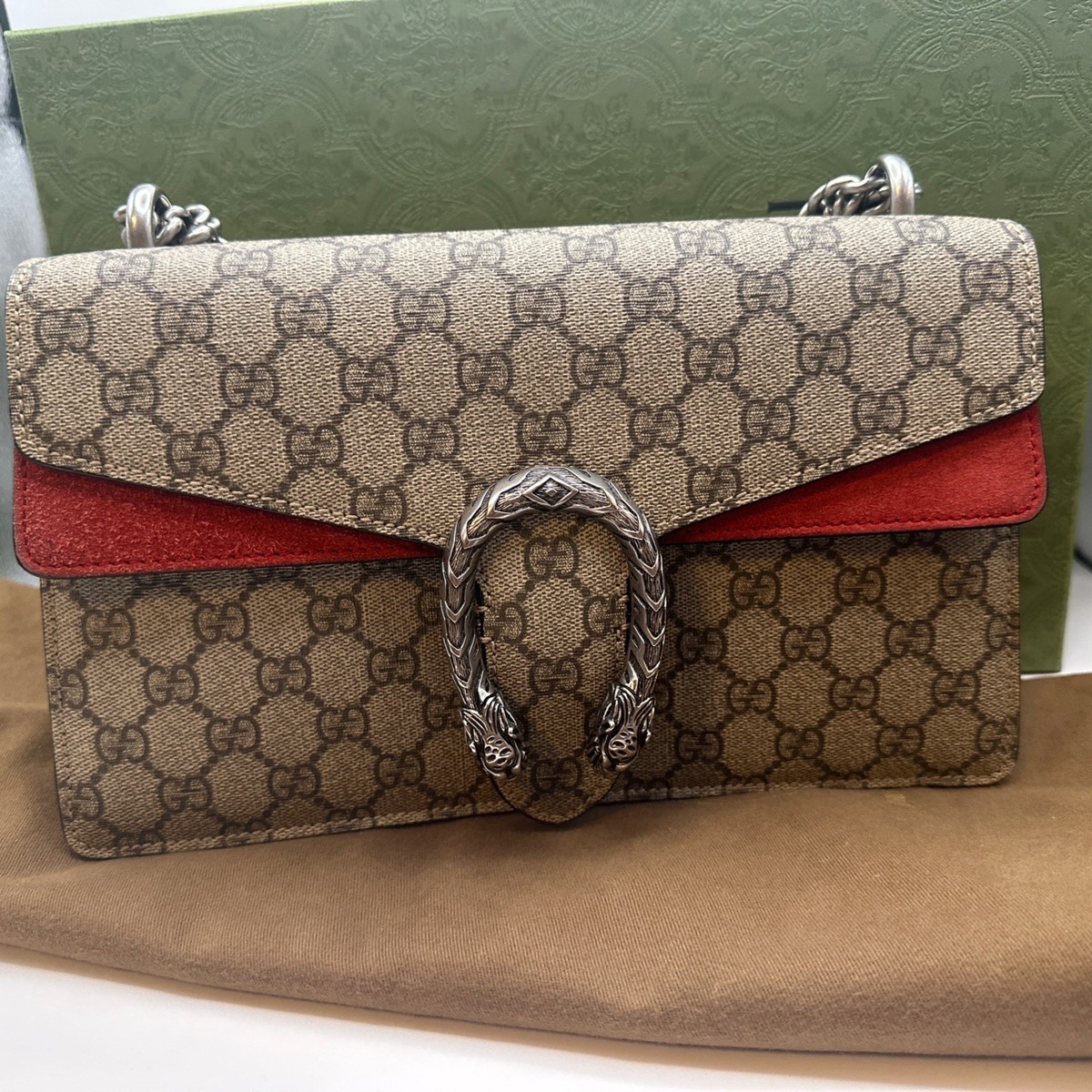 Authentic GUCCI Dionysus Silver HW Shoulder Bag GG Supreme, Red W