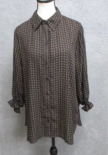 Max Studio London Shirt Womens 1X Black Brown Geometric Print Button Front