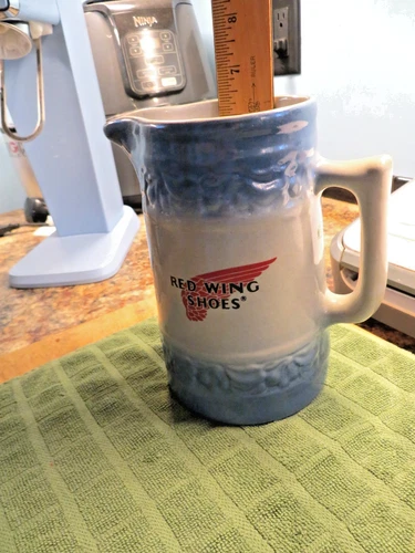 Vintage Red Wing Stoneware Cherry Band Blue/Cream Glazed Pitcher 6 1/2" 30 ounce