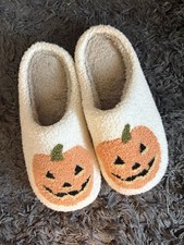 Women's Halloween Pumpkin Slip-On Slippers Beige Orange Size 9
