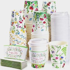100 Pcs 12oz Floral Disposable Coffee Cups with Lids and Sleeves Paper Insulated