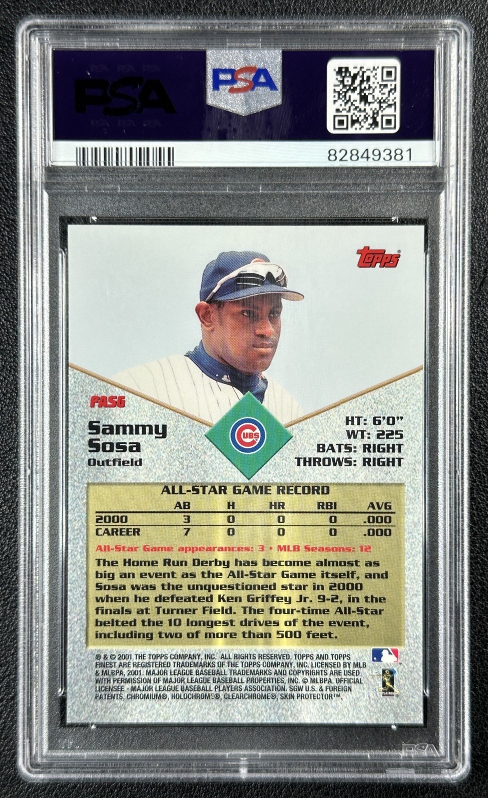 SAMMY SOSA PSA 9 2001 TOPPS FINEST #FAS6 ALL STARS CUBS 9381 view 2