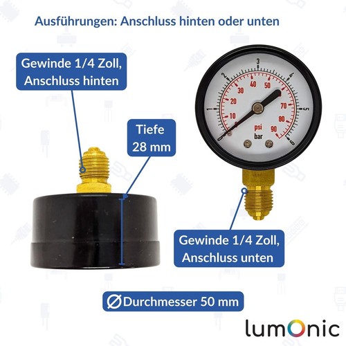 Manometer 0-4,0bar 1/4 Zoll Klasse 2,5 Anschluss hinten Durchmesser 50mm Druckme - Picture 2 of 7