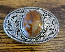 Vintage Western Belt Buckle Ornate Silver Tone Floral Agate Jasper Cabochon