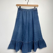 Vintage Indigo Denim Ruffle Hem Prairie Skirt XS Midi High Waist Cottage Boho