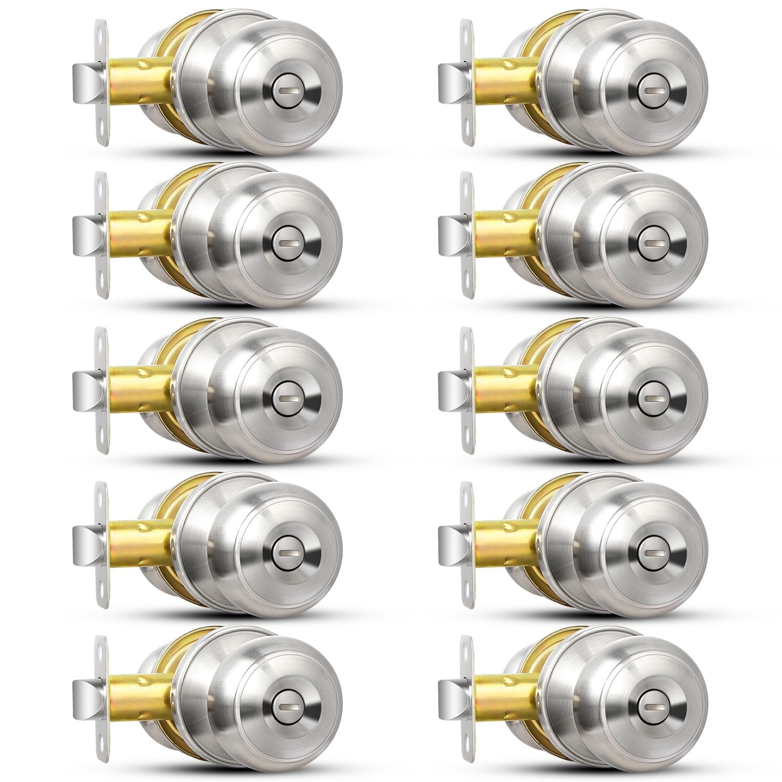 Privacy Door Knob, 10 Pack Brushed Nickel Round Keyless Doorknobs Interior/Ex...-image