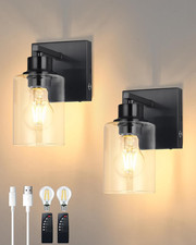 Rechargeable Battery Operated Wall Sconce Set of 2 with Remote, Black Dimmable W