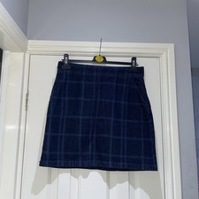 Next Navy Blue Grid Checked Print A Line Mini Denim Skirt Zip Closure Size 12