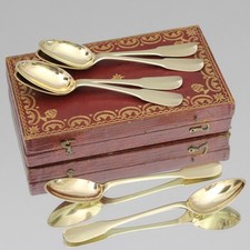 Vermeil Circa 1820: 6 Gilt Silver Teaspoons, Casket, Spade, Spoon
