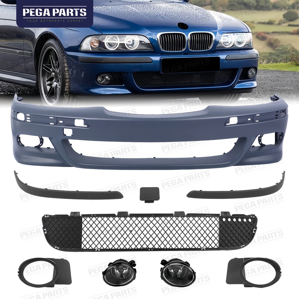 M5 Style Front Bumper Lower Grille w/Fog Lamp Kit For 1996-2003