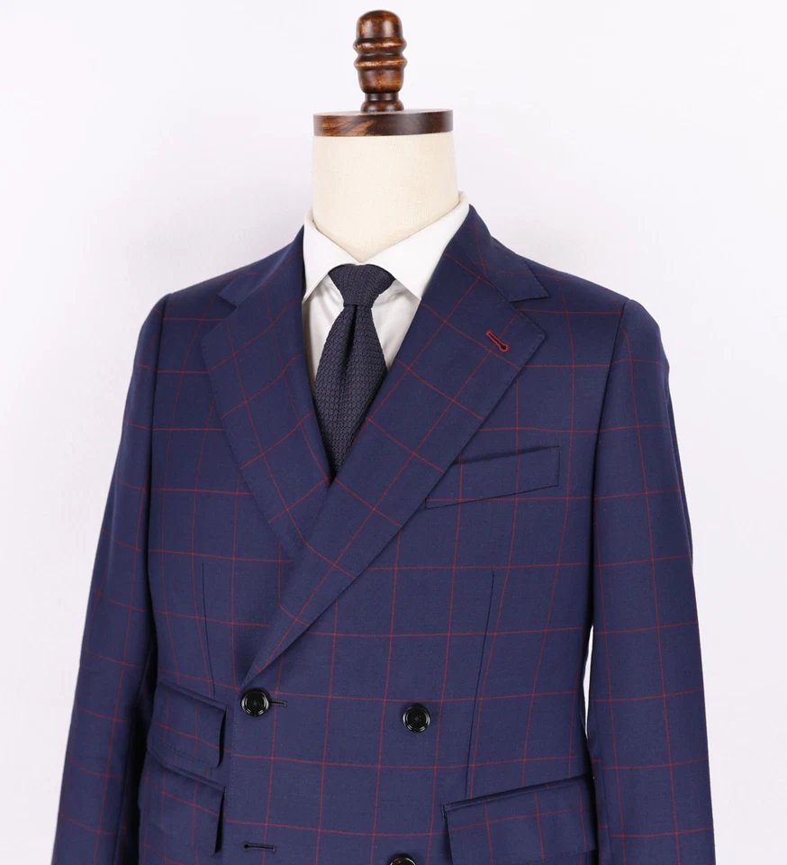 Traje de Lana Indochino Doble Pecho Talla 38S Azul con Cuadros de Ventana Roja Foto 4 de 4