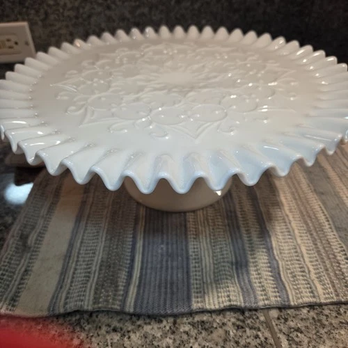 Vintage White Milk Glass Cake Stand 13" Spanish Lace Ruffled Crimped Edge...