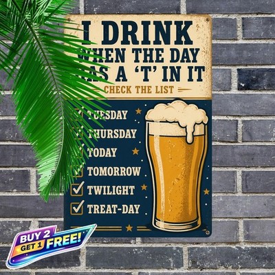 Beer Drinking Days Checklist Typography Funny Metal Wall Poster