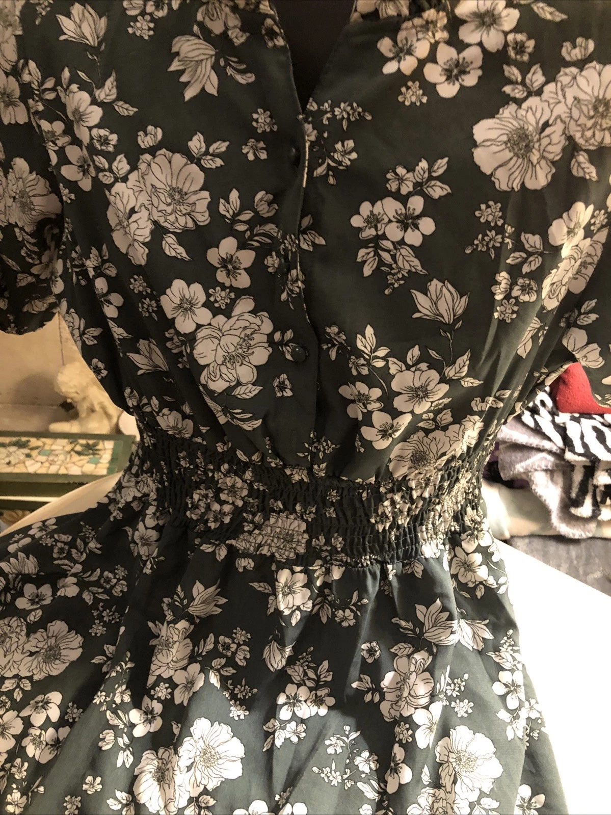 OFF WHITE Abito floreale J for Justify estate autunno. Taglia L misto cotone verde e bianco sporco