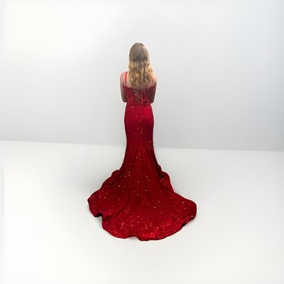 Sequin Formal Gown Dress Sz 0 Red Plunge Sequins Slit Train Vamp Witch Prom HOCO