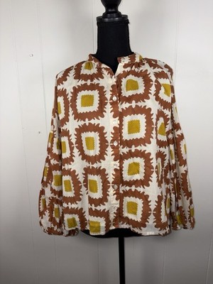 OLIVIA JAMES The Label Womens Emory Geometric Blouse Puff Sleeve Yellow Brown Xs