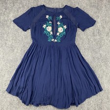 Free People Boho Embroidered Dress Womens 2 Navy Blue Short Sleeve Lined Floral