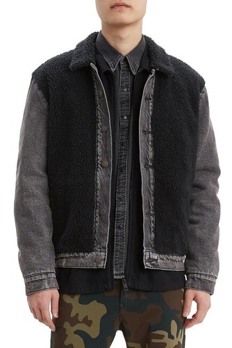 LEVIS Premium Big E Sherpa Panel Trucker Rare Jacket Black Denim Warm Mens Large - Picture 2 of 12