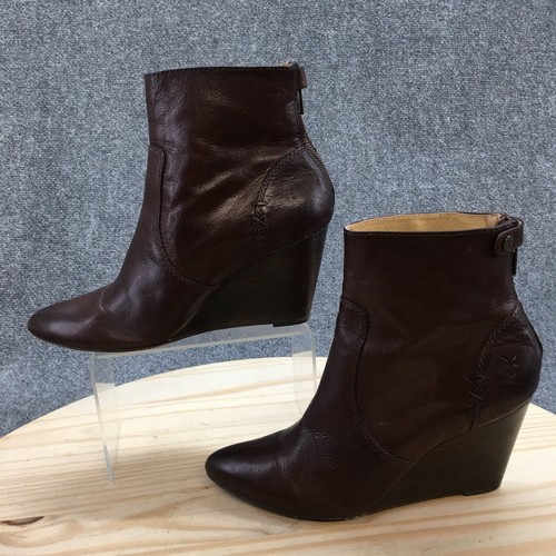 Frye Boots Womens 9 M Regina Wedge Booties Brown Leather Back Zip Pointed Toe - Picture 2 of 18