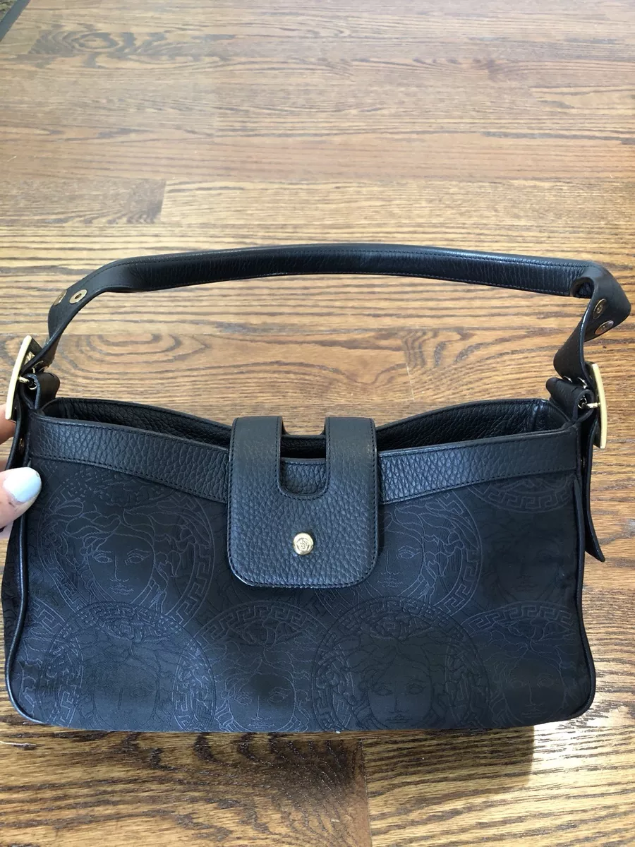 VINTAGE GIANNI VERSACE MEDUSA SIGNATURE CANVAS BLACK LEATHER