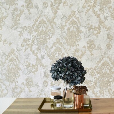 Grayish Ivory gold metallic sparkle plaster textured Victorian damask Wallpaper