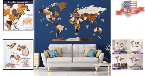 Handmade Basswood World Map Wall Art with Customizable Sizes and Push Pins - Picture 2 of 10